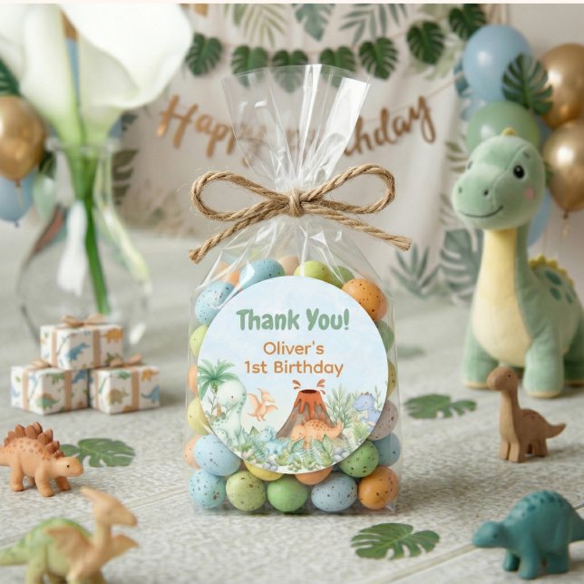 Sticker Rond Dinosaur One-A-Saurus 1er Anniversaire Merci (One-A-Saurus Dinosaur 1st Birthday Round Sticker)