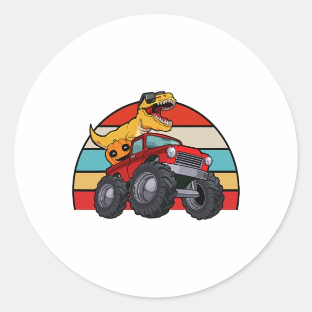 Sticker Rond Dinosaur Riding Monster Truck Lazy Halloween Costu (Devant)