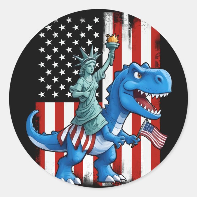 Sticker Rond Dinosaur Statue Liberté 4 juillet Drapeau Américai (Devant)