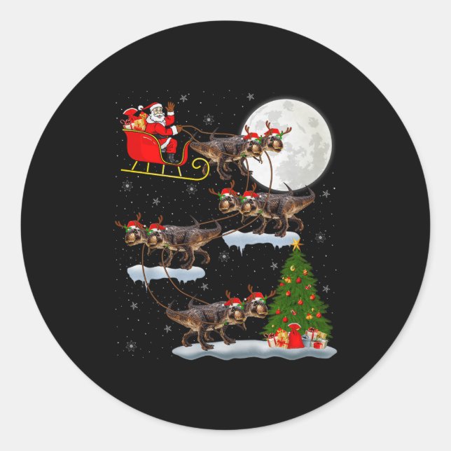 Sticker Rond Dinosaur T-rex Santa Sleigh Flying Funny Magical C (Devant)
