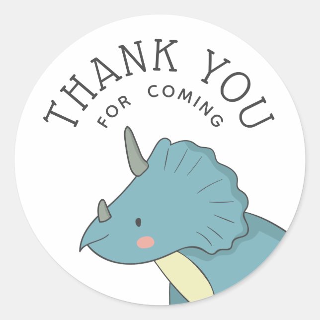 Sticker Rond Dinosaur Thank You | Blue Triceratops Party Favor (Devant)