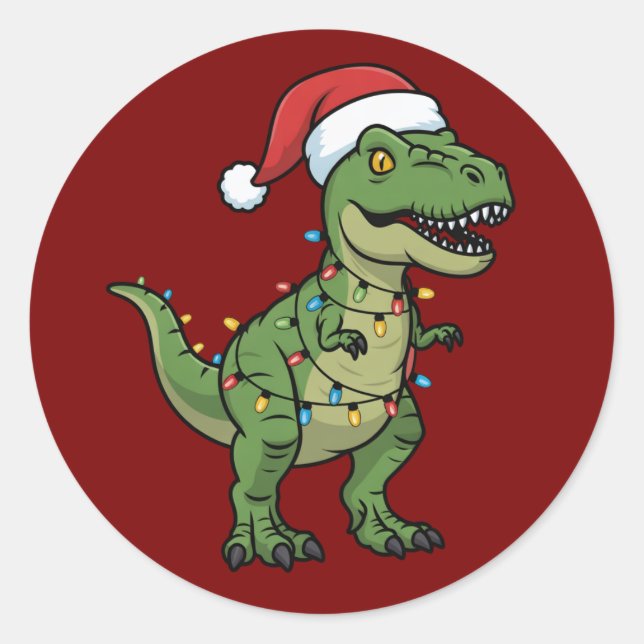 Sticker Rond Dinosaur Xmas Lights Holiday Spirit Festive Dino (Devant)