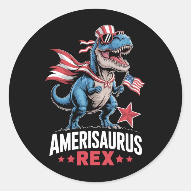 Sticker Rond Dinosaure 4 juillet Amerisaurus T Rex Drôle (Devant)