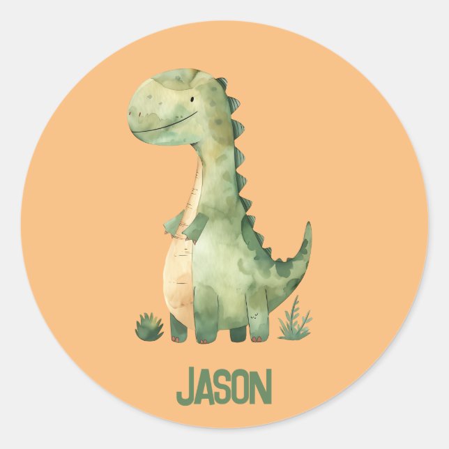 Sticker Rond Dinosaure Aquarelle Cute Avec Nom Enfant (Devant)