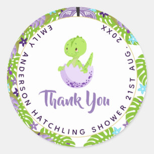 Sticker Rond Dinosaure Baby shower à éclos bleu violet Merci