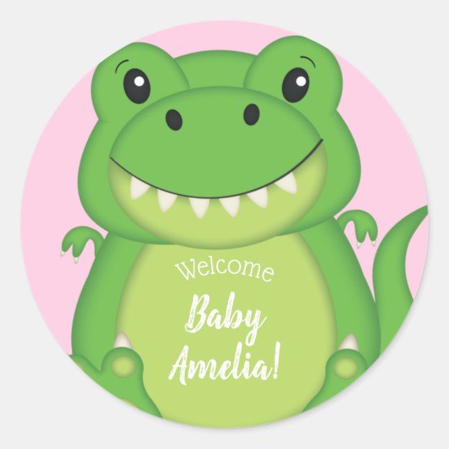 Sticker Rond Dinosaure Baby shower T-Rex Rose Girl (Devant)