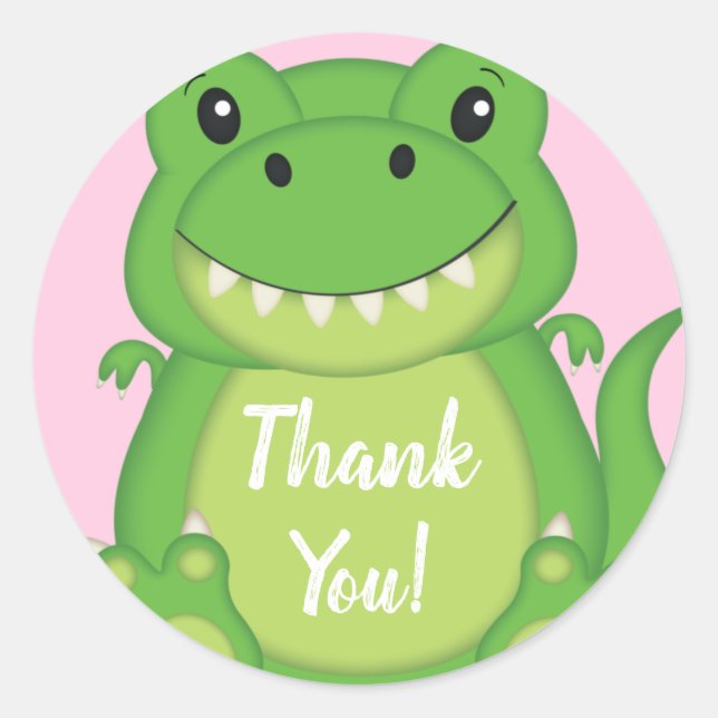 Sticker Rond Dinosaure Baby shower T-Rex Rose Girl (Devant)