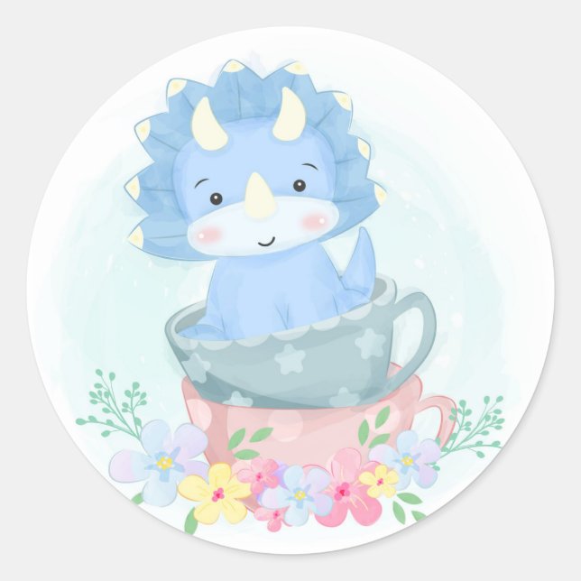 Sticker Rond Dinosaure Bleu Cute Dans Les Teups (Devant)