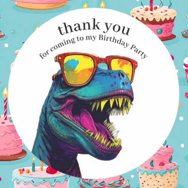 Sticker Rond Dinosaure Bleu Joyeux Anniversaire Merci (Celebrate with our Dinosaur Blue Happy Birthday Thank You Stickers )