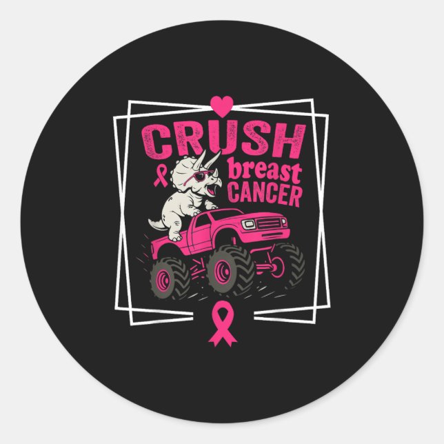 Sticker Rond Dinosaure Cancer Du Sein Conduisant Un Monste Rose (Devant)