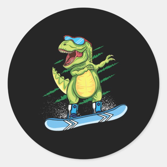 Sticker Rond Dinosaure cool faisant du snowboard Ski Dabbing T  (Devant)