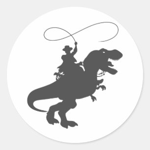 Sticker Rond Dinosaure de cowboy à cheval à l'époque préhistori