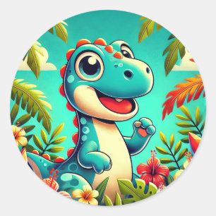 Sticker Rond Dinosaure de dessin animé adorable dans un cadre t