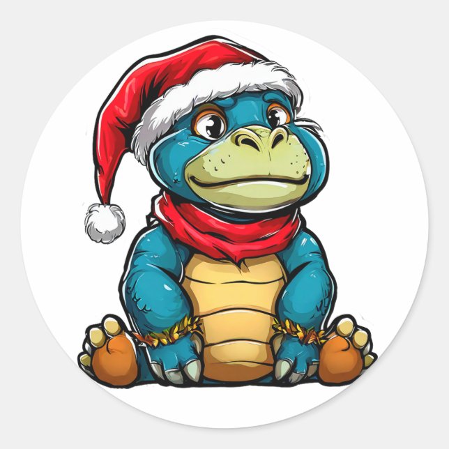 Sticker Rond Dinosaure de dessin animé de Noël Dino festif mign (Devant)