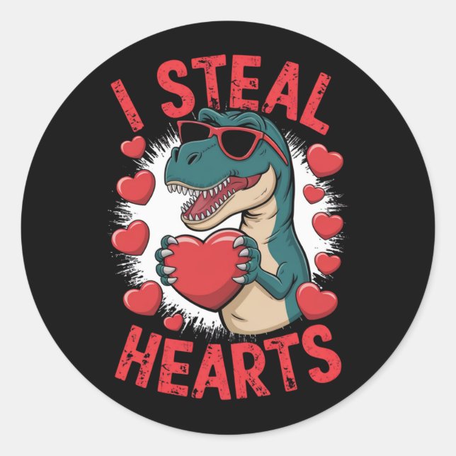 Sticker Rond Dinosaure de la Saint-Valentin Je vole les cœurs A (Devant)