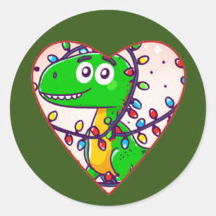 Sticker Rond Dinosaure de Noël enveloppé de lumières dessin ani