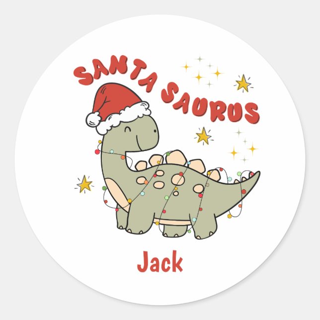 Sticker Rond Dinosaure de Noël Santasaurus Nom rétro (Devant)