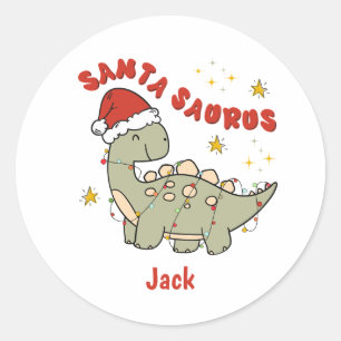 Sticker Rond Dinosaure de Noël Santasaurus Nom rétro