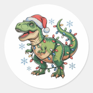 Sticker Rond Dinosaure de Noël T Rex Joyeux Noël Lumières Santa