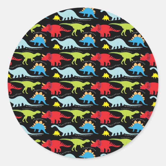 Sticker Rond Dinosaure Dessins bleu rouge vert sur noir (Devant)