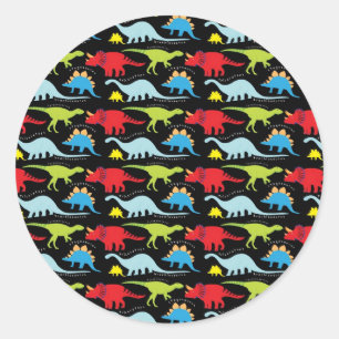 Sticker Rond Dinosaure Dessins bleu rouge vert sur noir