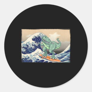 Sticker Rond Dinosaure drôle, T Rex surfant, Art de dinosaure, 