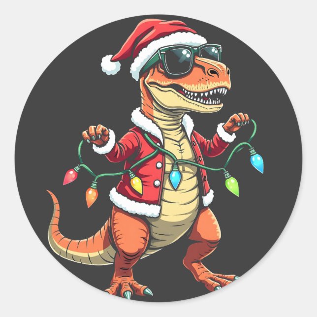 Sticker Rond Dinosaure enveloppé de lumières de Noël Santa Hat (Devant)