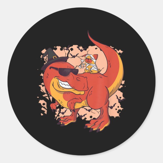 Sticker Rond Dinosaure Et Chien - Halloween Drôle (Devant)