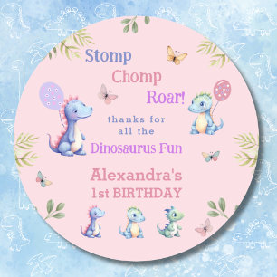 Sticker Rond Dinosaure fille rose 1er anniversaire Merci