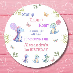 Sticker Rond Dinosaure fille rose mignonne 1er Merci d'annivers