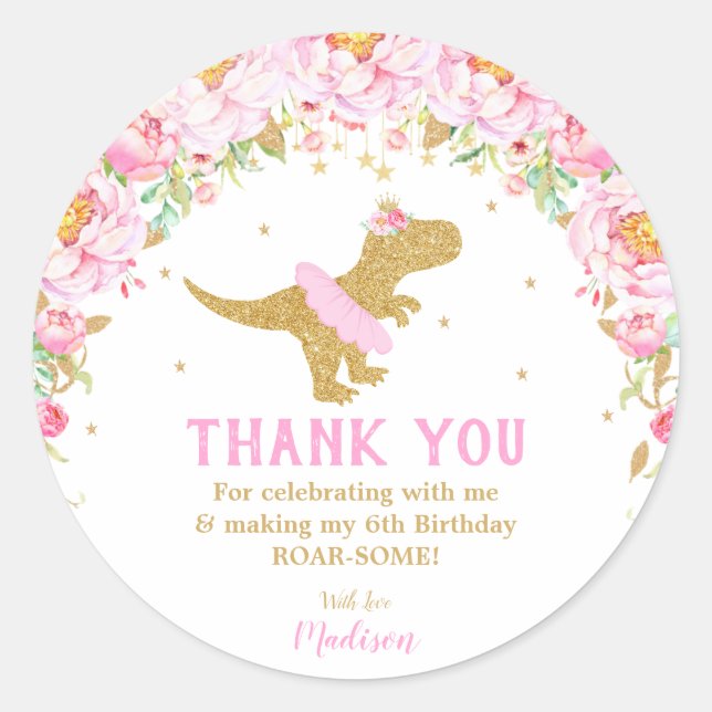 Sticker Rond Dinosaure Floral Merci Favor Girl Tutu T-rex (Devant)