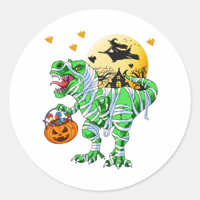Sticker Rond Dinosaure Halloween T Rex Momie Citrouille (Devant)