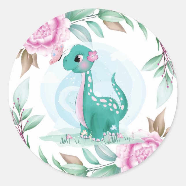 Sticker Rond Dinosaure mignon avec Baby shower Peony rose (Devant)