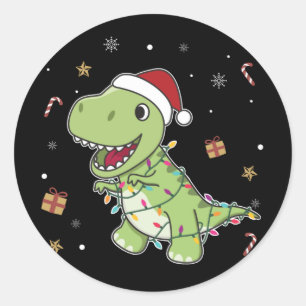 Sticker Rond Dinosaure Noël Neige hiver T-Rex Dino Classic