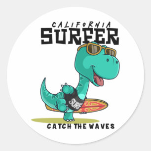 Sticker Rond Dinosaure portant une planche de surf