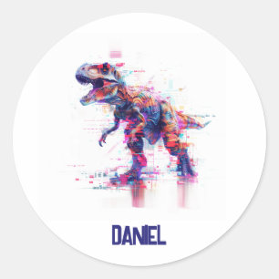 Sticker Rond Dinosaure Rex T-Rex Futuriste Avec Nom Enfants