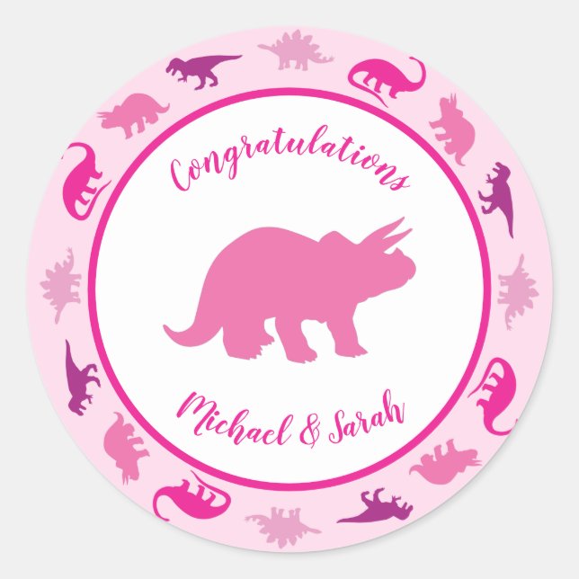 Sticker Rond Dinosaure rose Baby shower mignonne Dino fille (Devant)