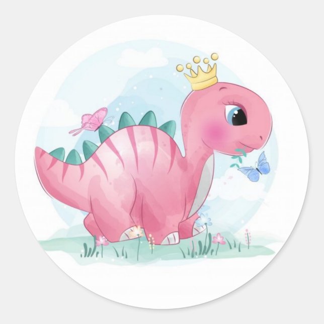 Sticker Rond Dinosaure rose bébé avec couronne (Devant)