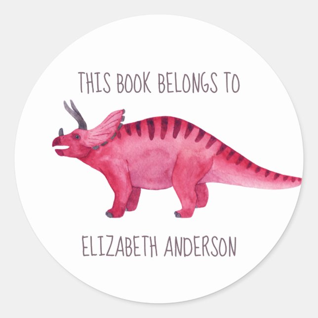 Sticker Rond Dinosaure rose "Ce livre appartient à" Plaque (Devant)