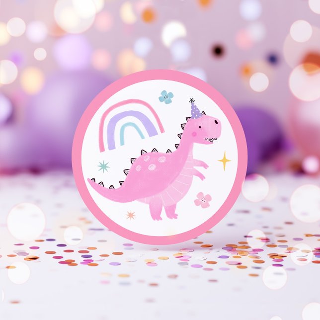 Sticker Rond Dinosaure rose Fête d'anniversaire Faveurs (Créateur téléchargé)