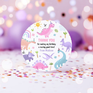Sticker Rond Dinosaure rose fête d'anniversaire Favoriser