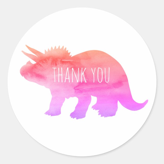 Sticker Rond Dinosaure rose personnalisé Tricératops Merci (Devant)