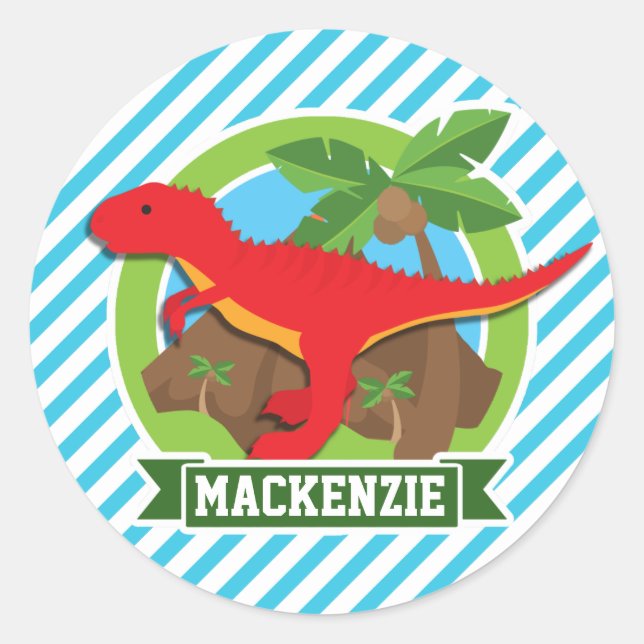 Sticker Rond Dinosaure rouge T-Rex; Bleu et Blancs (Devant)