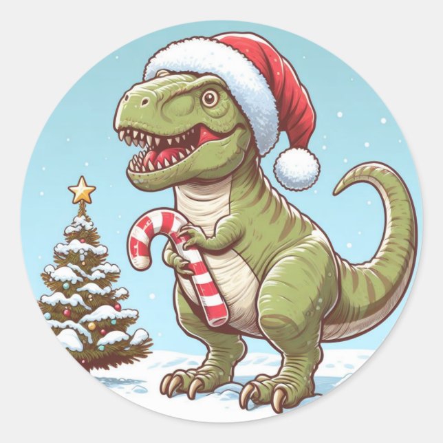 Sticker Rond Dinosaure sucre de canne de Noël mignon (Devant)