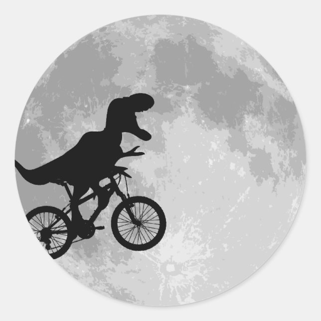 Sticker Rond Dinosaure sur un vélo dans le ciel avec la lune (Devant)