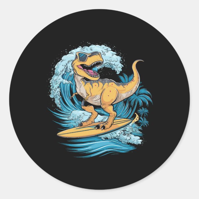 Sticker Rond Dinosaure T-rex Surfeur de plage  (Devant)