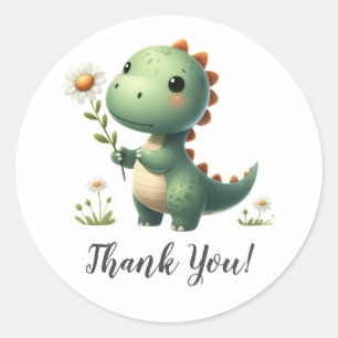 Sticker Rond Dinosaure vert avec Merci à fleurs