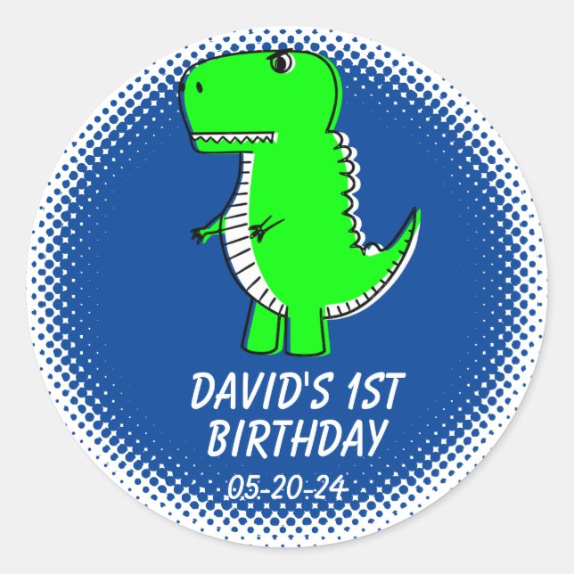 Sticker Rond Dinosaure Vert Dessin Premier Anniversaire Fête Fa (Devant)