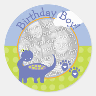 Sticker Rond Dinosaure violet Birthday Boy with Dots Photo