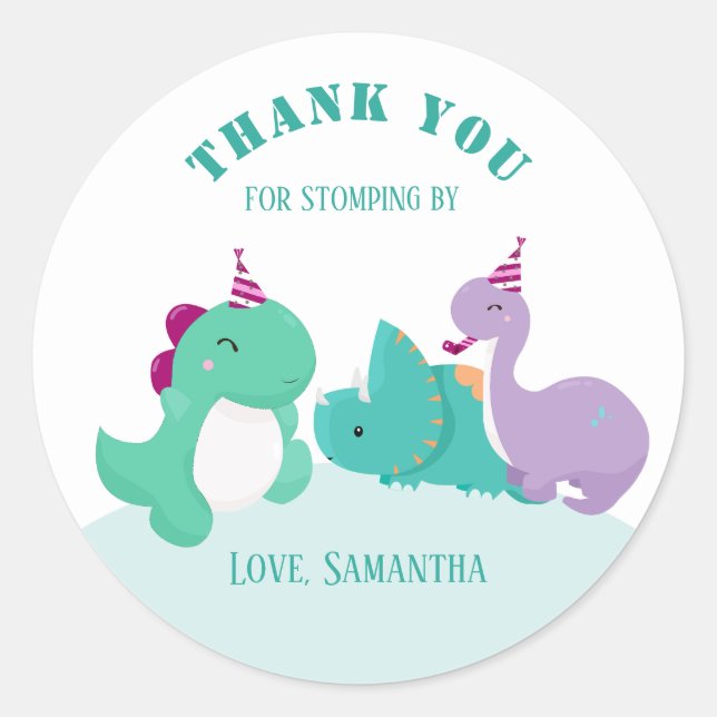 Sticker Rond Dinosaures mignons Anniversaire Merci Favoriser (Devant)